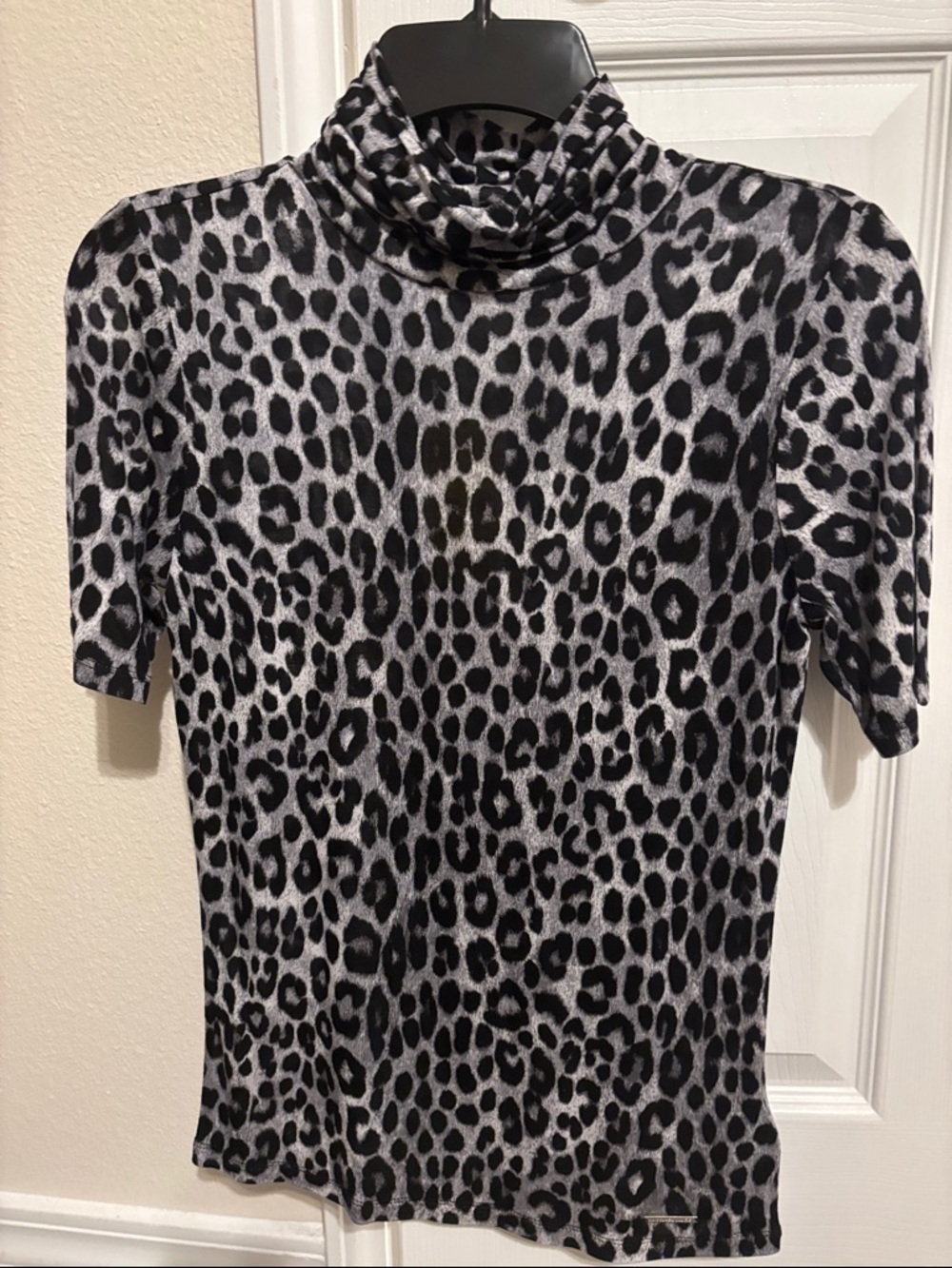 Michael Kors Black and Gray Leopard Print Short Sleeve Turtleneck Top